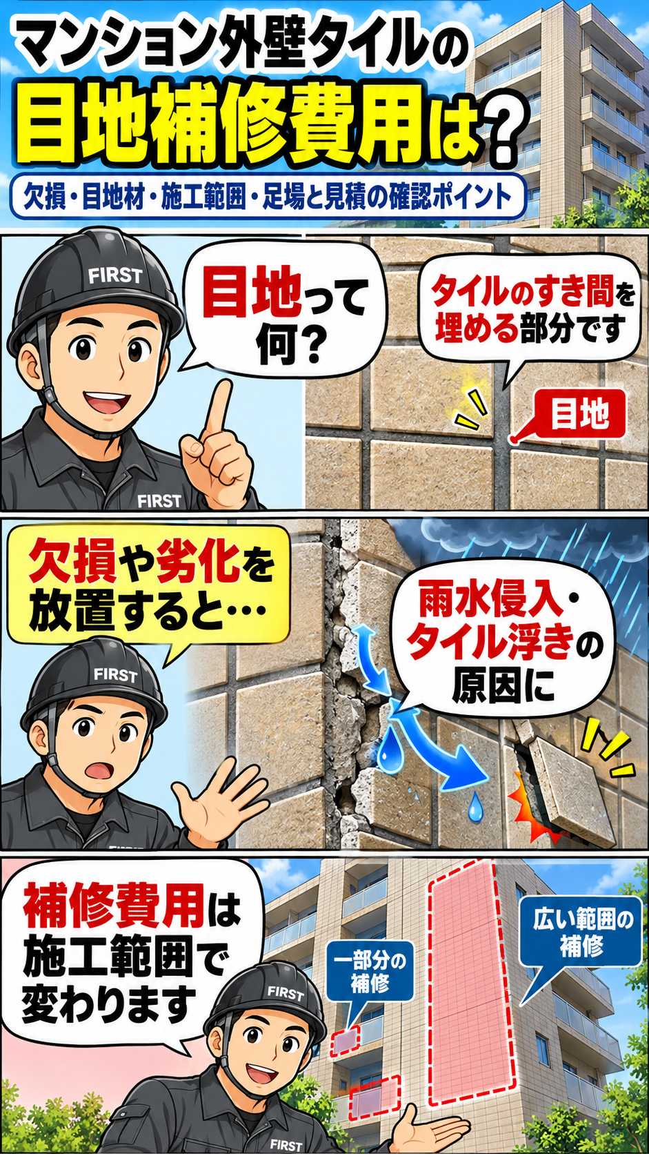 マンション外壁タイルの目地の役割と、目地材の欠損・劣化による雨水侵入や周辺劣化のリスク、補修範囲による費用の違いを説明する漫画