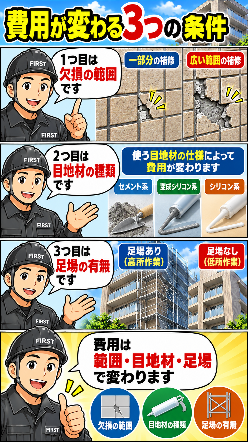 外壁タイル目地補修の費用が、欠損範囲、使用する目地材の種類、足場の有無という3つの条件によって変わることを説明する漫画