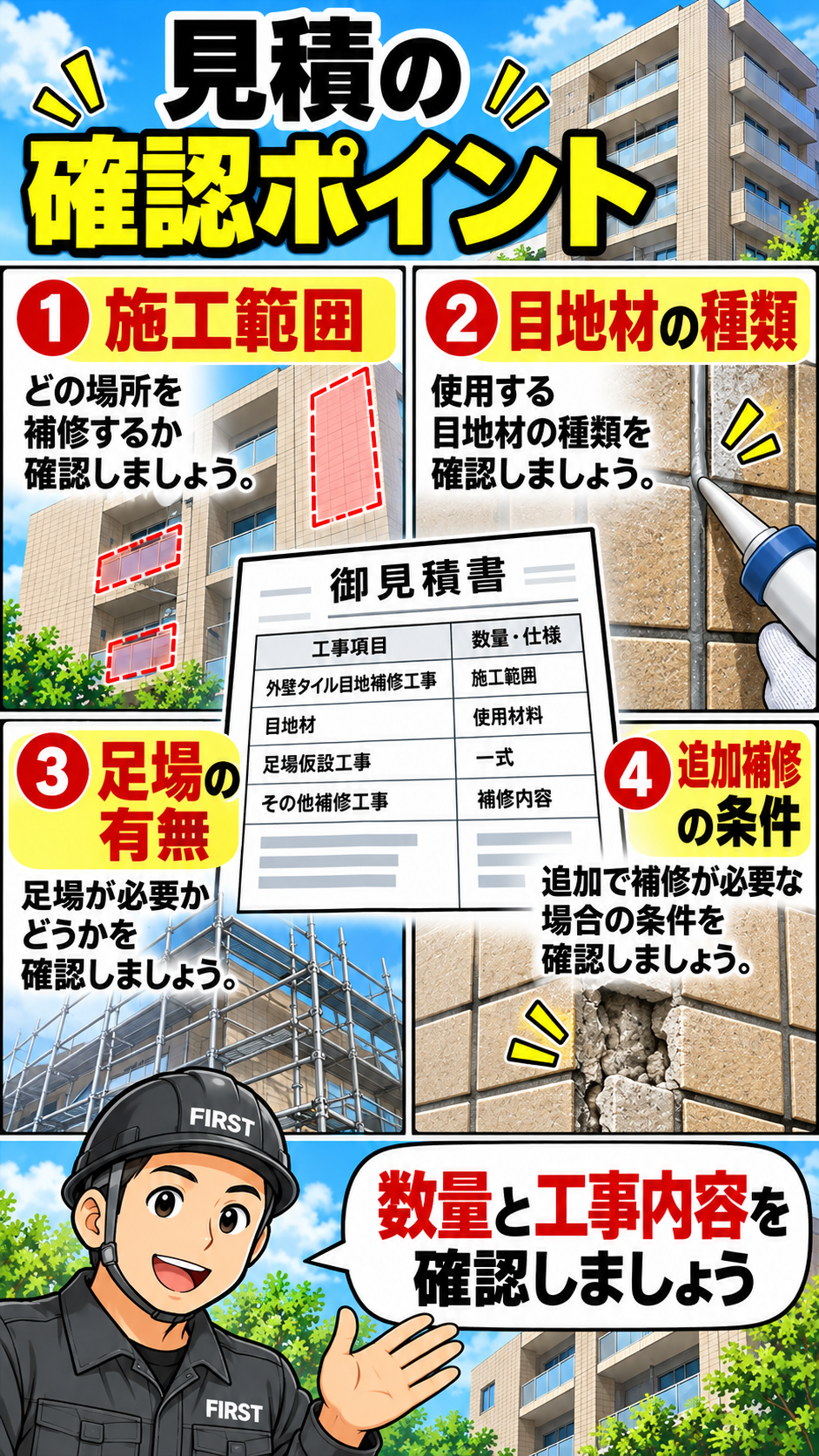マンション外壁タイルの目地補修見積で施工範囲・目地材の種類・足場の有無・タイルや下地の追加補修条件を確認する漫画