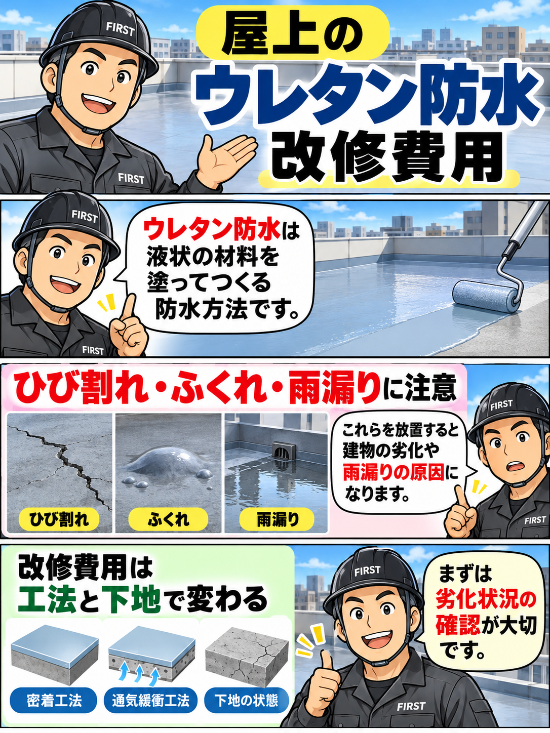 マンション屋上のウレタン防水の基本と、ひび割れ・ふくれ・雨漏りなどの劣化症状、密着工法と通気緩衝工法による改修費用の違いを説明する漫画