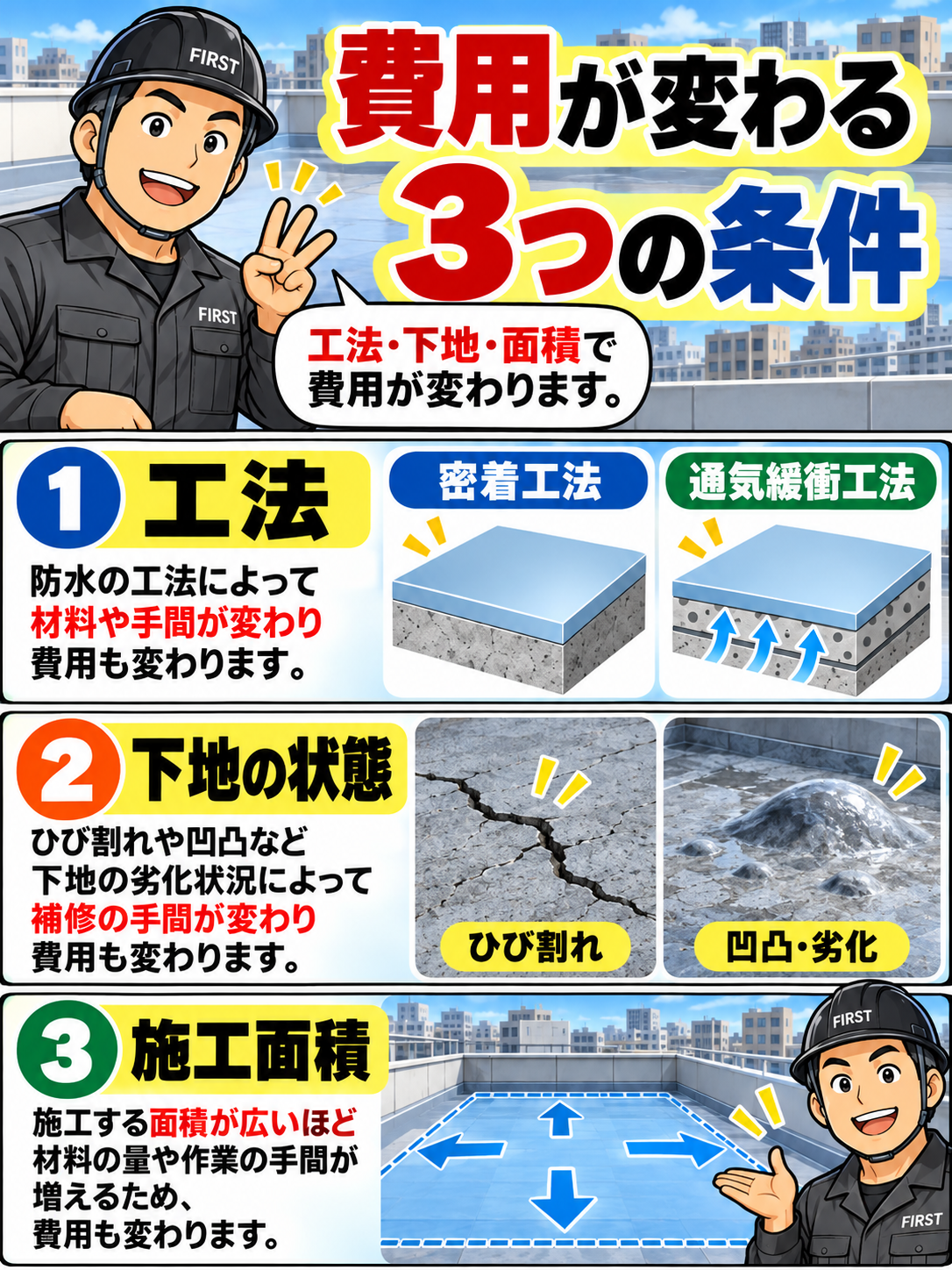 マンション屋上のウレタン防水改修費用が密着工法・通気緩衝工法の違い、下地のひび割れや劣化、屋上の施工面積によって変わることを説明する漫画