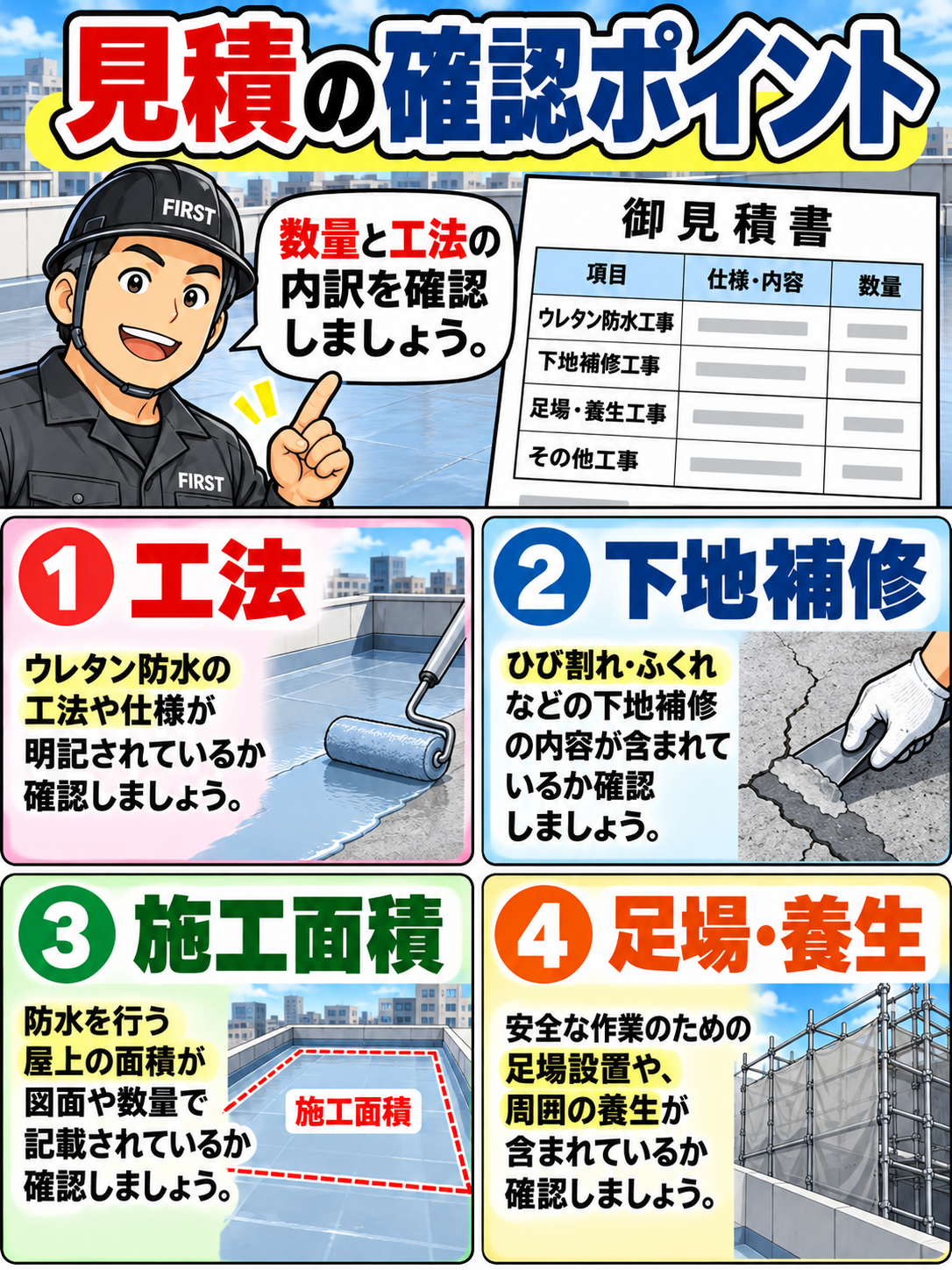 屋上ウレタン防水改修の見積書で、密着工法や通気緩衝工法の仕様、下地補修、屋上施工面積、足場・養生工事を確認する漫画