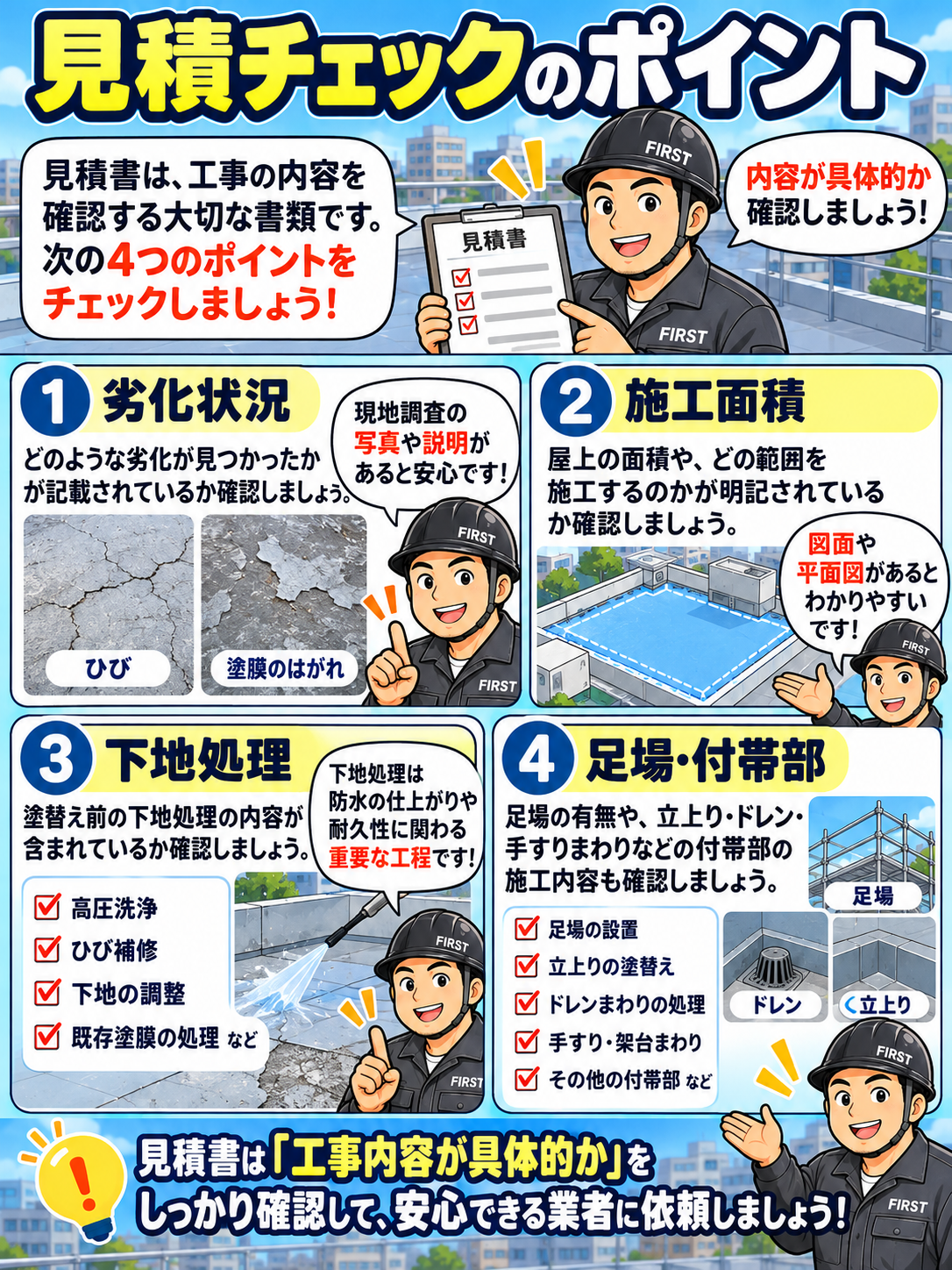 ウレタン防水トップコート塗替えの見積書で劣化状況・施工面積・下地処理・ドレンや立上りの施工範囲・足場や追加補修条件を確認する漫画
