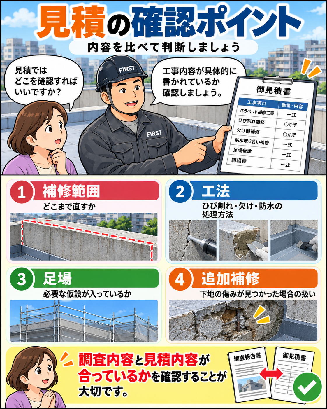 パラペット補修の見積確認ポイント。ひび割れ・欠損・防水取り合いの補修範囲と工法、足場の必要性、追加補修条件を確認する漫画