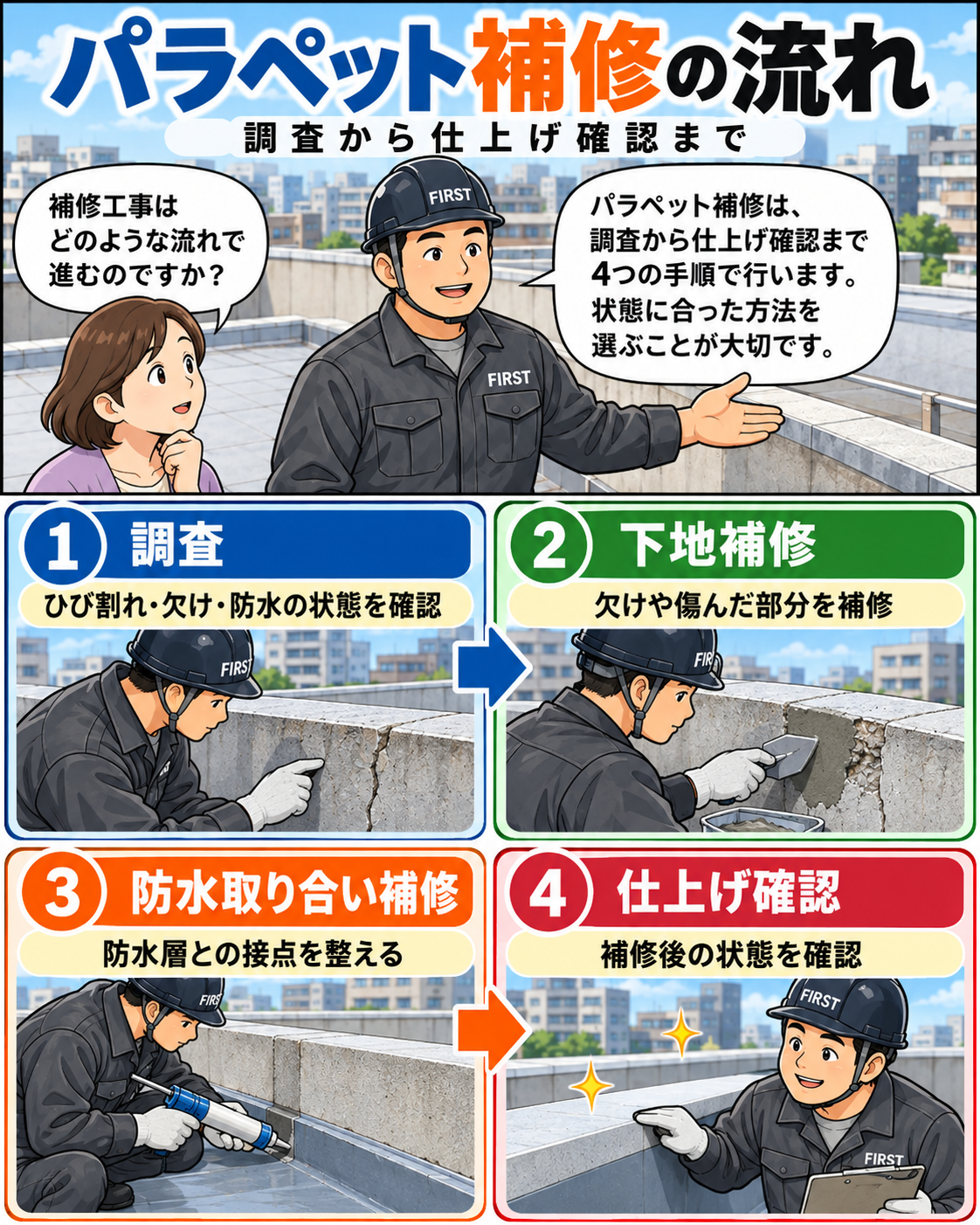 パラペット補修工事の流れ。ひび割れ・欠損・防水状態の調査、下地補修、防水取り合い部分の補修、仕上がり確認を説明する漫画