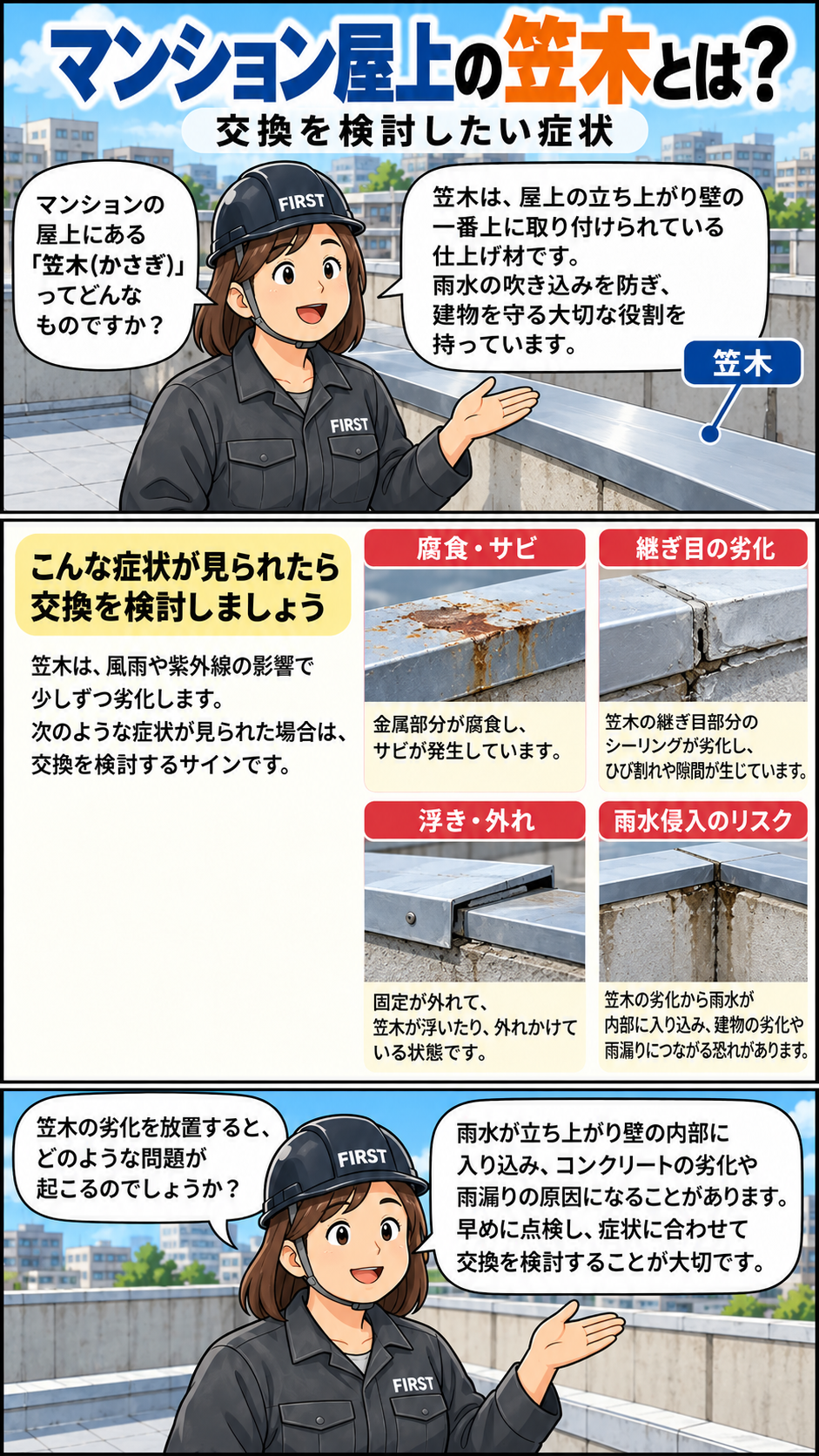 マンション屋上の笠木の役割と、金属部分の腐食・サビ、継ぎ目の劣化、笠木の浮きや外れ、雨水侵入リスクなど交換を検討する症状を説明する漫画