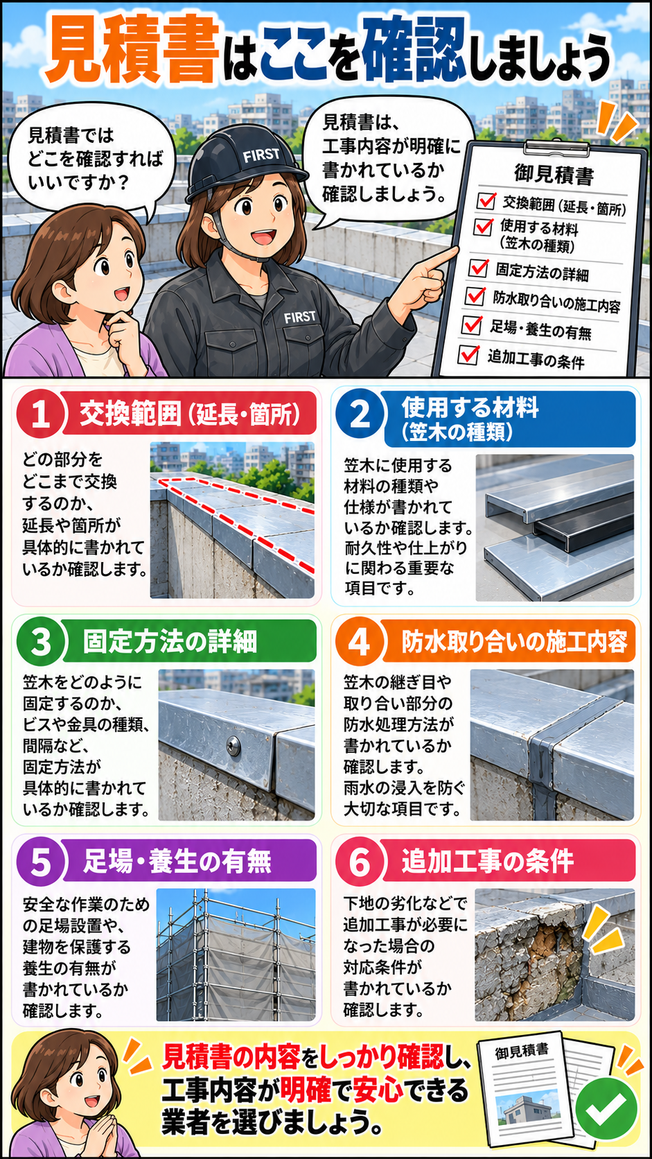 屋上笠木交換の見積書で、交換範囲、使用材料、固定方法、防水取り合い、足場・養生、追加工事の条件を確認する6項目のチェック漫画