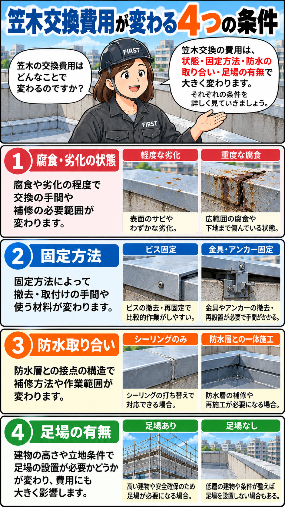 マンション屋上の笠木交換費用を左右する4つの条件として、腐食や劣化状態、ビス・金具・アンカーによる固定方法、防水取り合い、足場の有無を比較する漫画