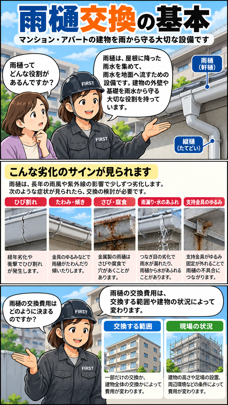 マンション・アパートの雨樋交換の基本。軒樋と竪樋の役割、ひび割れ・変形・サビ・雨水のあふれ・支持金具の緩みなどの劣化症状を説明する漫画