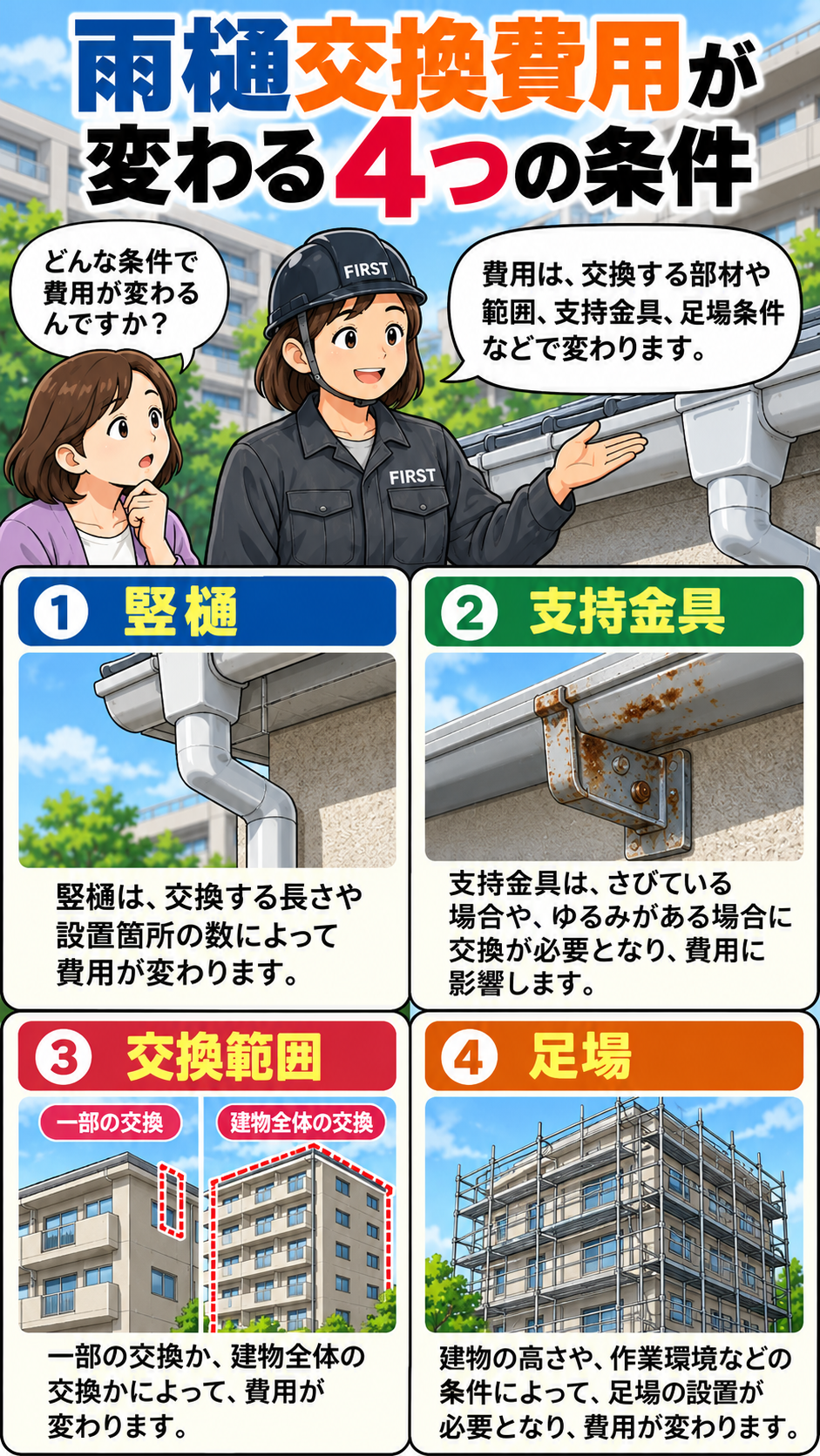 マンションの雨樋交換費用が変わる4つの条件。竪樋の長さと数量、支持金具の状態、部分交換と全体交換の範囲、足場の必要性を説明する漫画