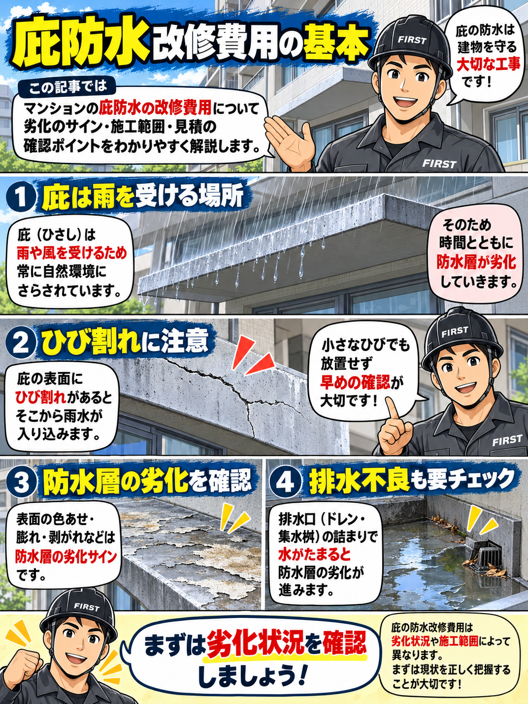 マンションの庇防水改修の基本。庇の役割、ひび割れへの注意、防水層の色あせや剥離、排水口の詰まりなどの劣化症状を解説する漫画