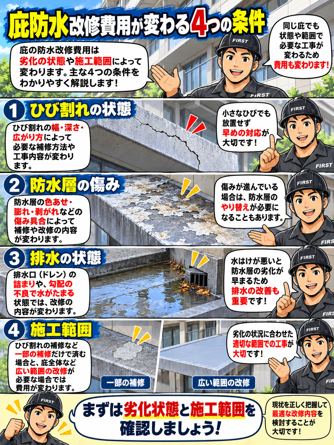 庇防水改修費用が変わる4条件。ひび割れの幅や深さ、防水層の色あせ・剥離、排水口の詰まりや勾配不良、部分補修と広範囲改修の違いを説明する漫画