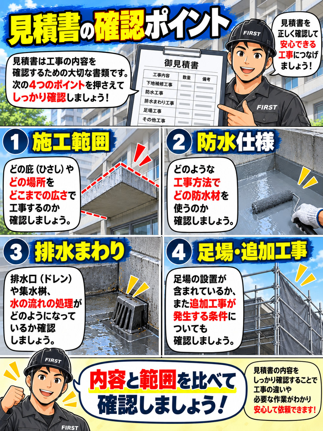 庇防水改修の見積書を確認する4つのポイント。施工範囲、防水工法と材料、排水口や集水桝などの排水処理、足場と追加工事の条件を説明する漫画