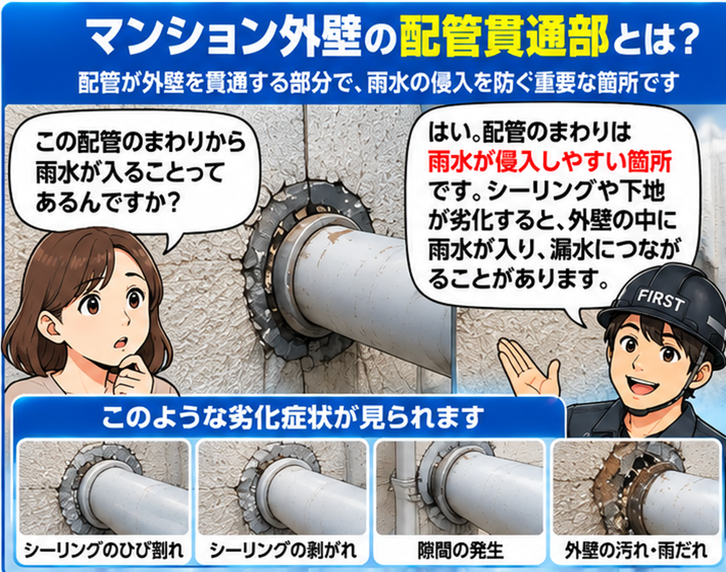 マンション外壁の配管貫通部について、女性の質問にFIRST担当者が回答し、配管周囲のシーリングのひび割れ・剥離・隙間・雨染みなどの劣化症状を説明する漫画