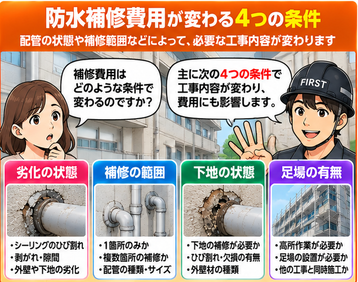 配管貫通部の防水補修費用を左右する4つの条件。FIRST担当者が女性に、シーリングの劣化、補修箇所数と配管の種類、下地の状態、足場の有無を説明する漫画