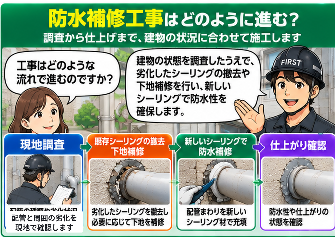 配管貫通部の防水補修の流れ。FIRST担当者が女性に現地調査、既存シーリング材の撤去と下地補修、新しいシーリング材による防水処理、仕上がり確認を説明する漫画