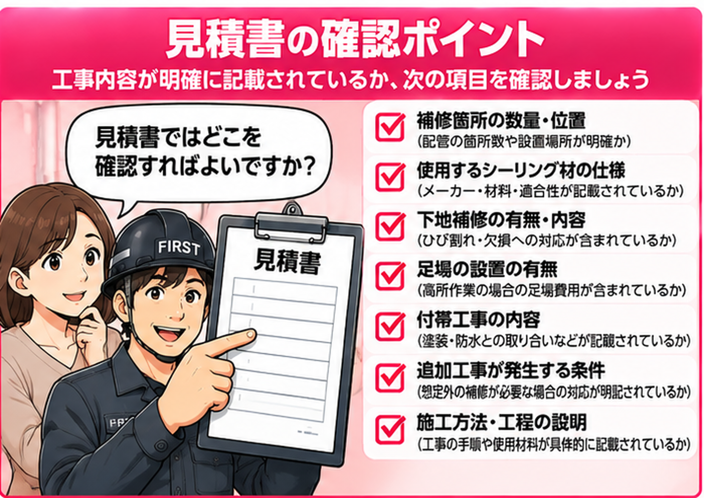 マンション外壁の配管貫通部防水補修の見積書について、女性とFIRST担当者が補修箇所数と位置、シーリング材の仕様、下地補修、足場、付帯工事、追加工事の条件、施工方法を確認する漫画