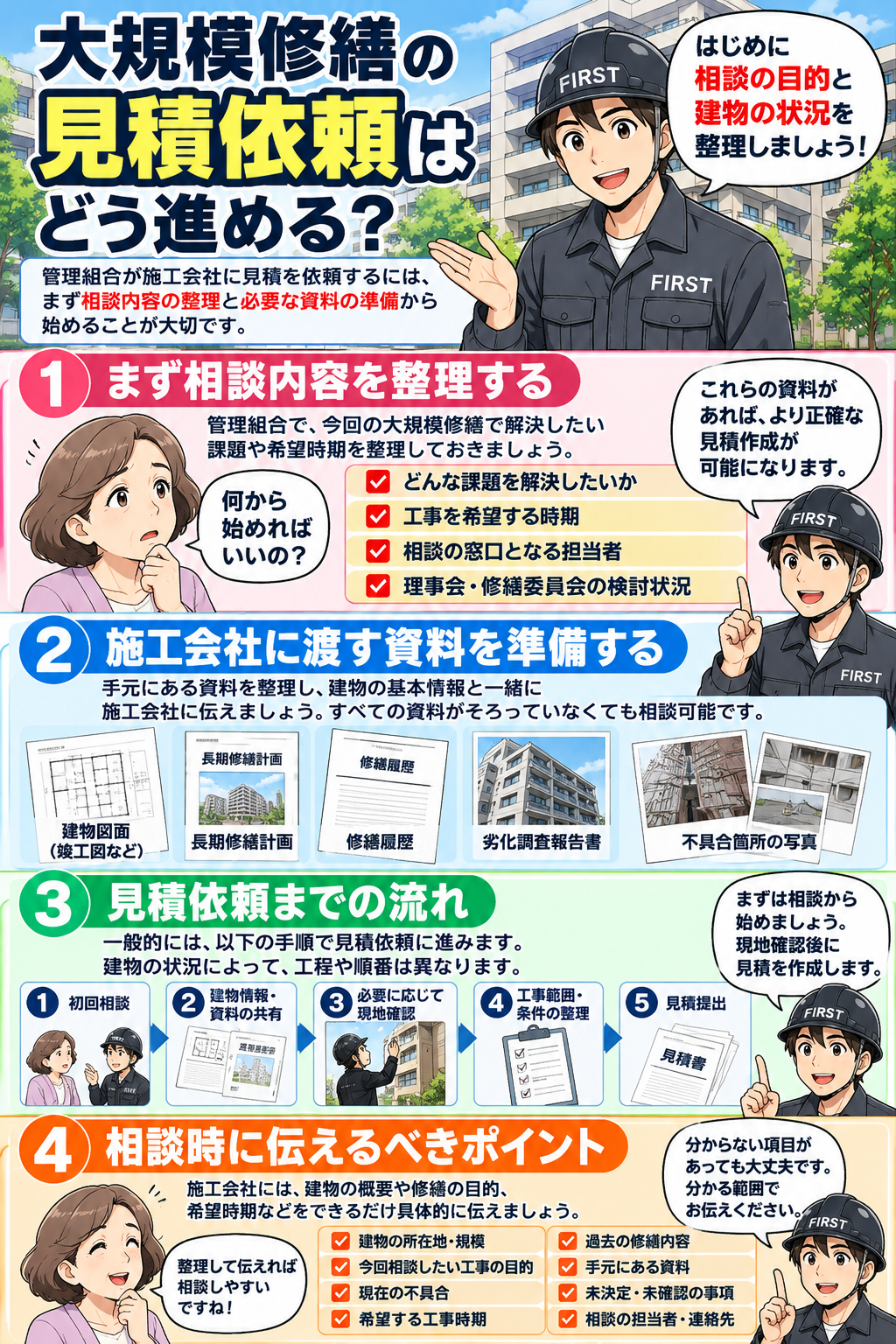 管理組合が大規模修繕の見積依頼を始める際の相談内容、準備資料、施工会社への相談手順をFIRSTスタッフが説明する漫画