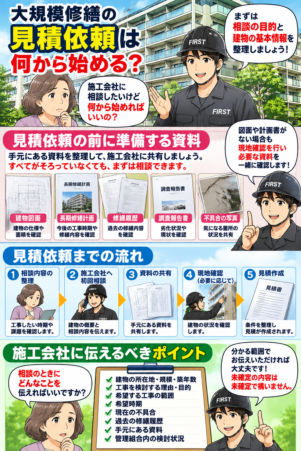 大規模修繕の見積依頼前に準備する建物図面、長期修繕計画、修繕履歴、調査報告書と資料不足時の相談方法を示す漫画