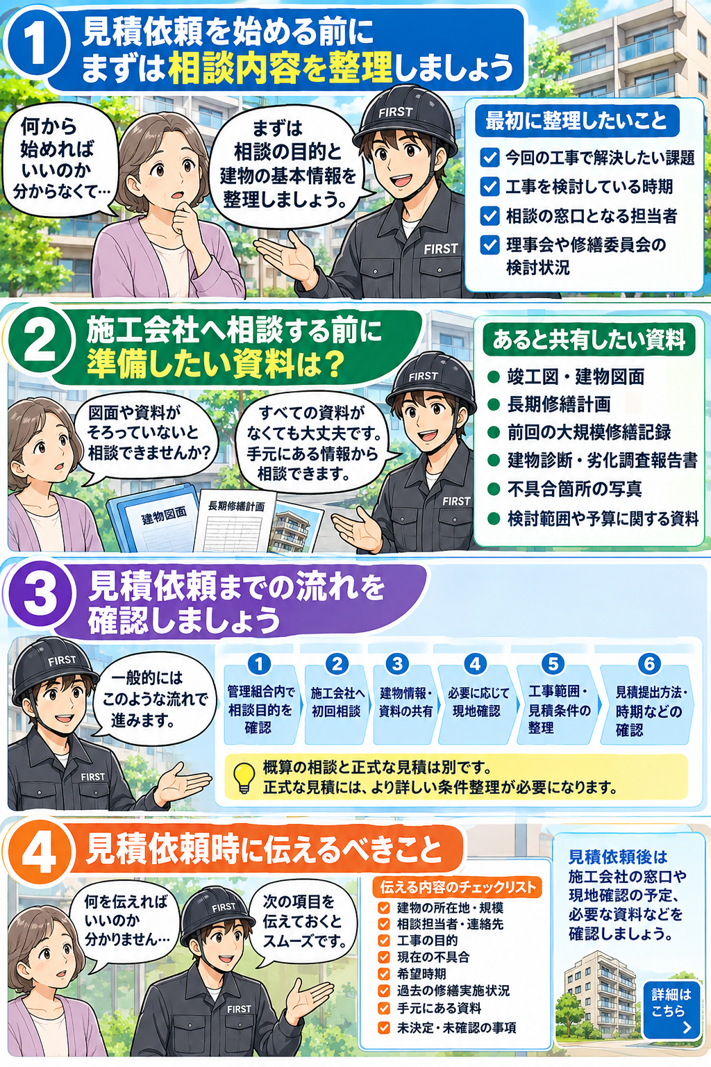 管理組合から施工会社への初回相談、資料共有、現地確認、工事条件整理、見積提出までの流れを解説する漫画