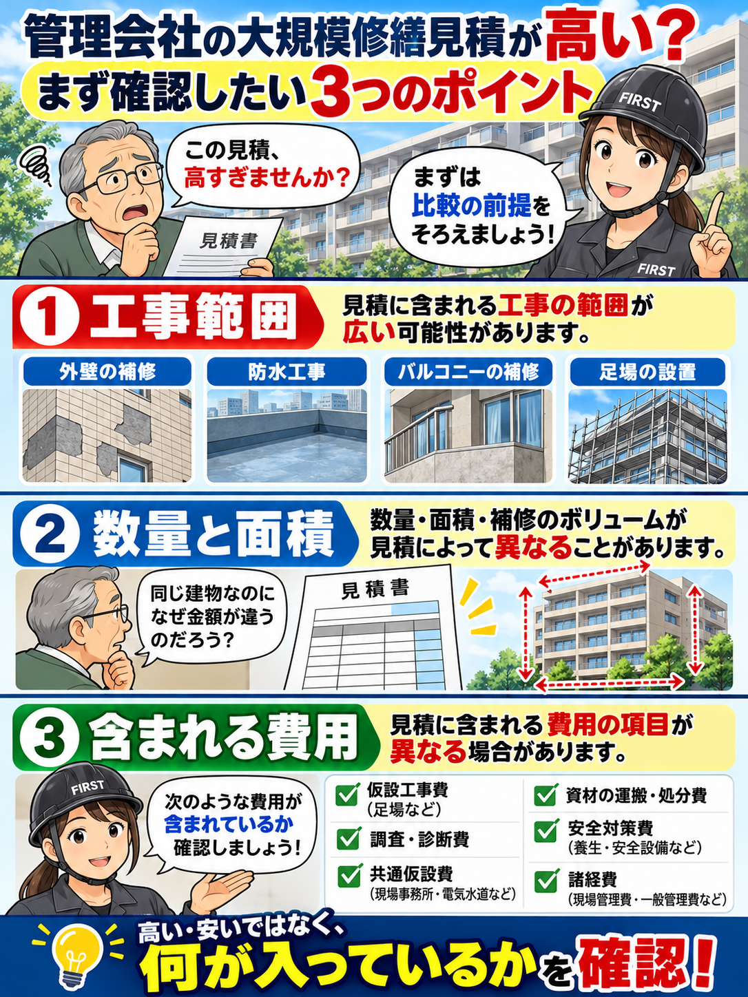 管理会社の大規模修繕見積が高いと感じた男性理事にFIRST担当者が工事範囲、数量・面積、見積に含まれる費用の3つの確認ポイントを説明する漫画