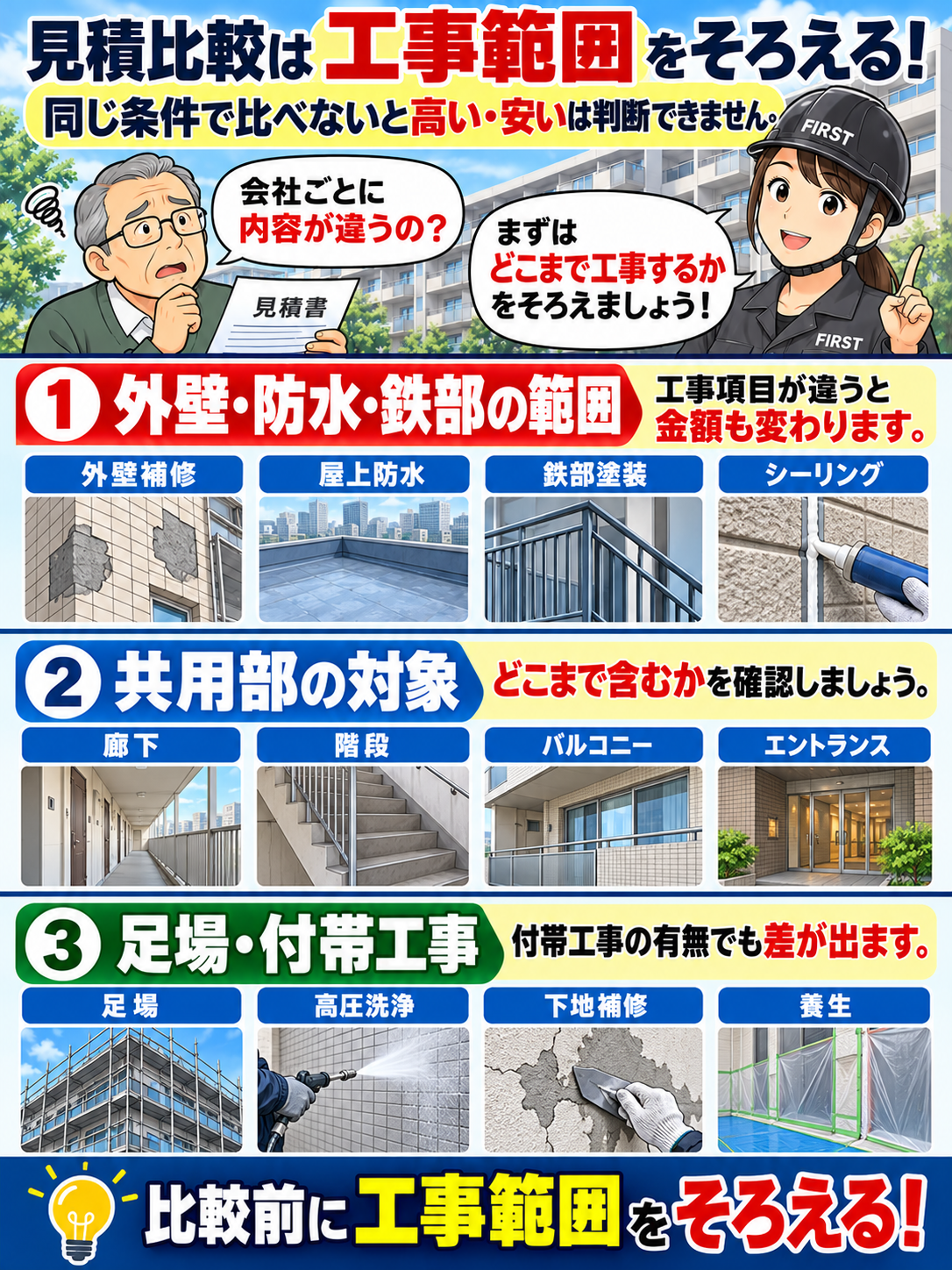 大規模修繕の見積比較では外壁補修、屋上防水、鉄部塗装、シーリング、共用廊下、階段、足場などの工事範囲をそろえることが重要だとFIRST担当者が説明する漫画