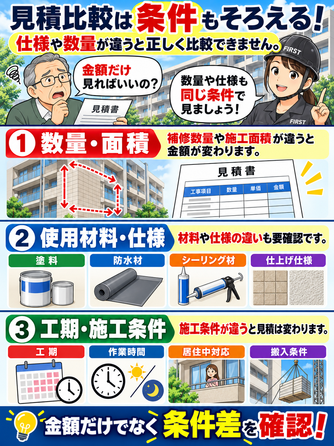 大規模修繕の見積比較で数量・面積、使用材料・仕様、工期・施工条件をそろえる必要性を女性FIRST担当者が男性理事に説明する漫画