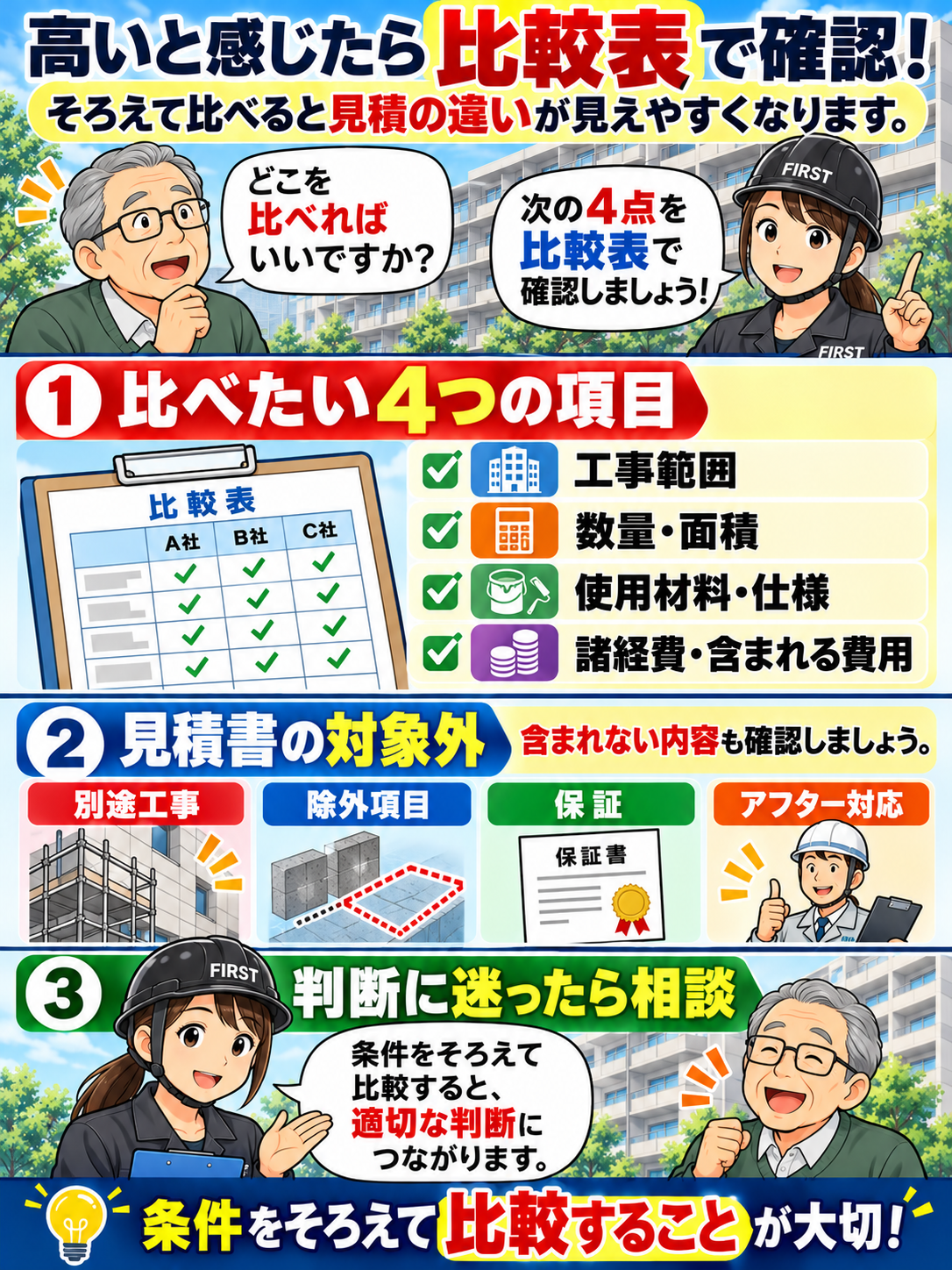 管理会社の大規模修繕見積が高いと感じた場合に、工事範囲、数量・面積、使用材料・仕様、諸経費の4項目を比較表で確認し、対象外工事や保証も確認する方法を説明する漫画
