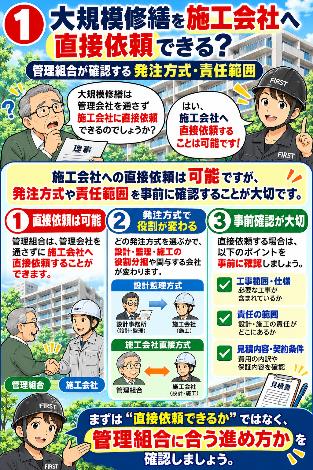 マンション管理組合の男性理事が大規模修繕を施工会社へ直接依頼できるか質問し、FIRST担当者が直接相談は可能であり、発注方式や契約条件の確認が必要だと説明する漫画