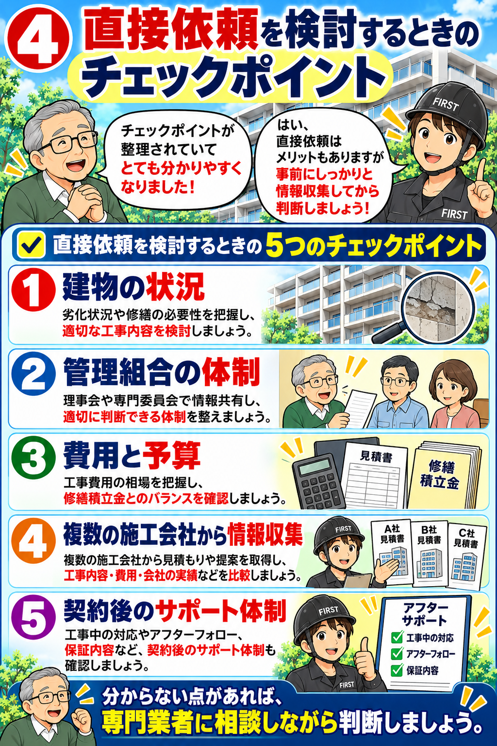 施工会社への直接依頼を検討する管理組合向けに、建物状況、管理組合の体制、費用と予算、施工会社からの情報収集、契約後のサポートを確認するポイントを説明する漫画