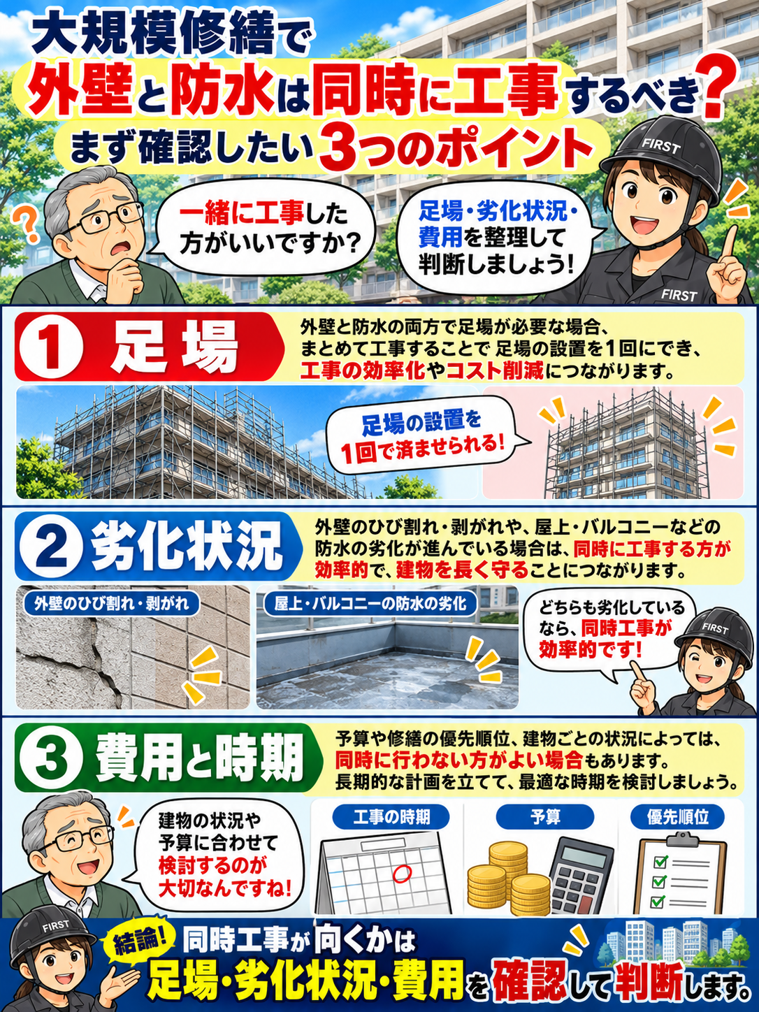 大規模修繕で外壁と防水を同時に工事するかについて、FIRST担当者が足場の共用、劣化状況、費用と時期の3つの判断基準を説明する漫画