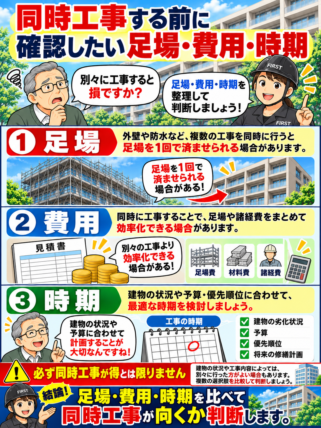 外壁と防水を同時施工する前に、足場共用による効率化の可能性、工事総費用、実施時期と将来の修繕計画を比較して判断する方法を説明する漫画