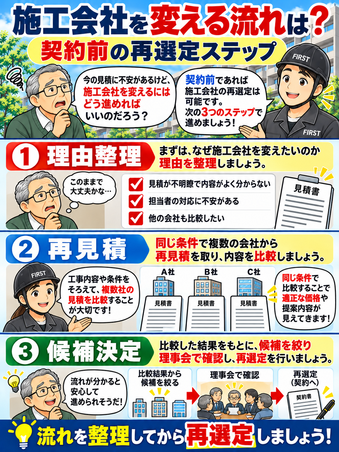 管理組合が大規模修繕の施工会社を再選定する際に、変更理由の整理、条件をそろえた再見積、候補の再検討と承認の3段階を説明する漫画
