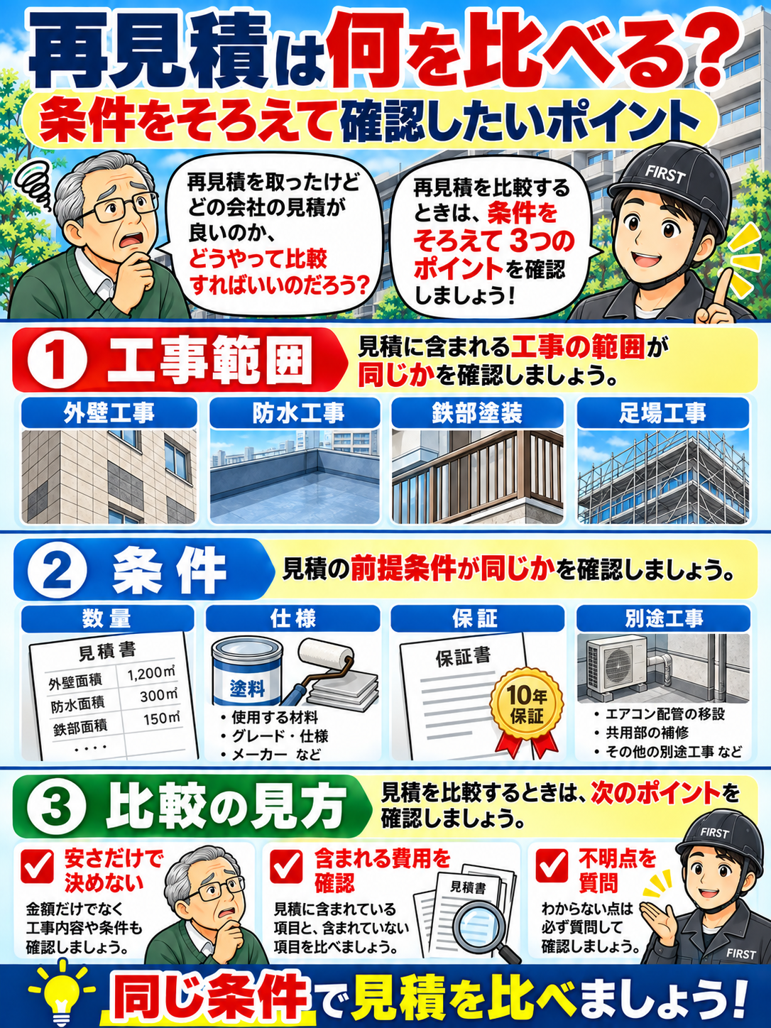 大規模修繕の施工会社再選定に向けて、工事範囲、数量や施工仕様、見積に含まれる費用を同じ条件で比較する考え方を説明する漫画