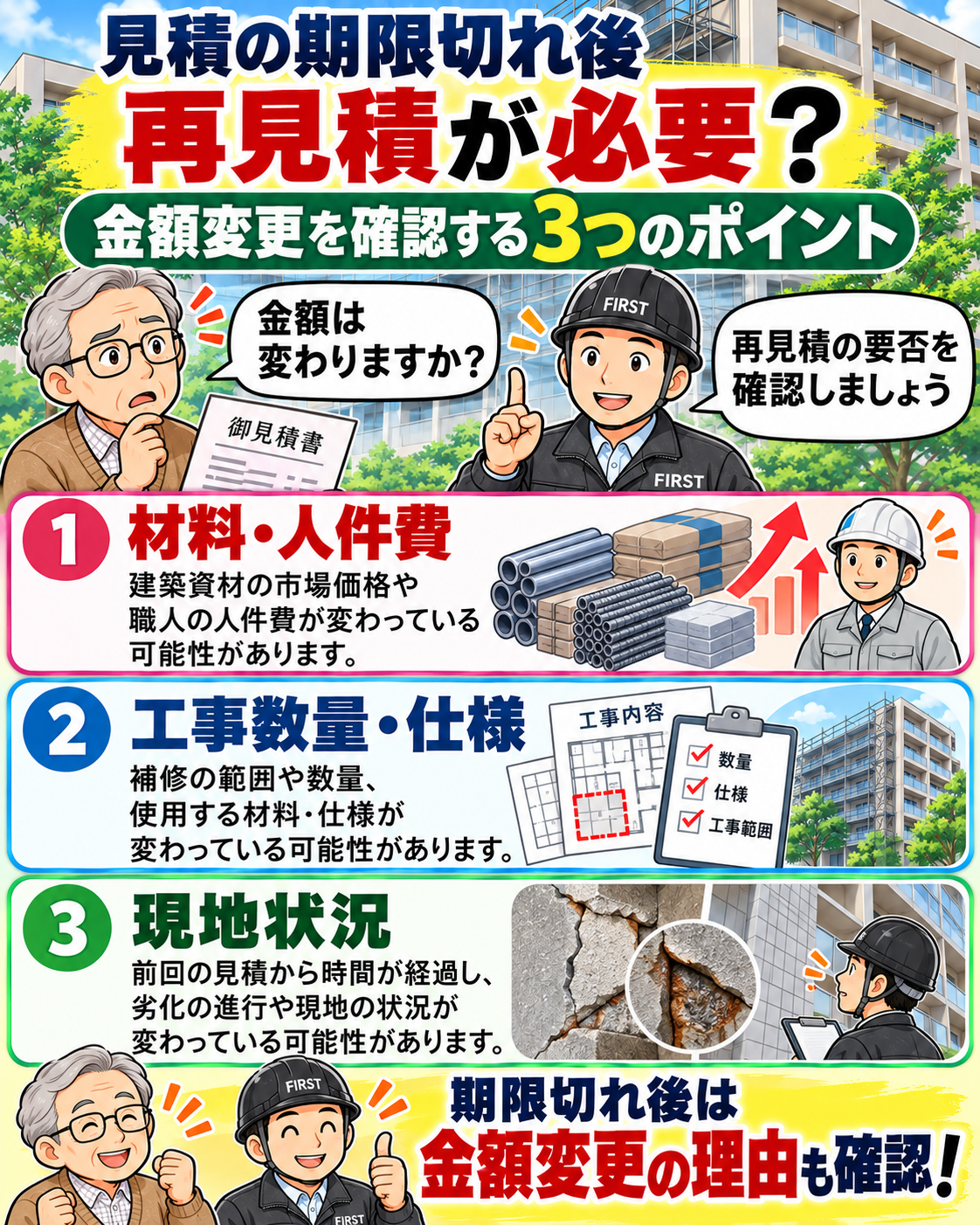 大規模修繕の見積期限切れ後に、材料費・人件費、工事数量・仕様、現地状況の変化から再見積の必要性を確認する漫画