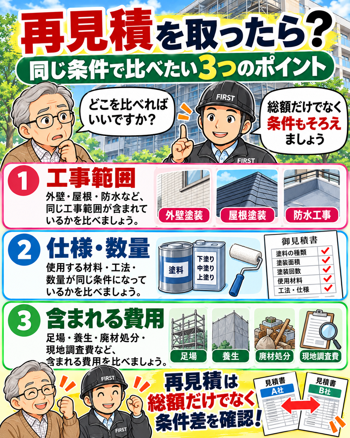 再見積を取得した際に工事範囲、仕様と数量、足場や養生など含まれる費用を同じ条件で比較する方法を示した漫画