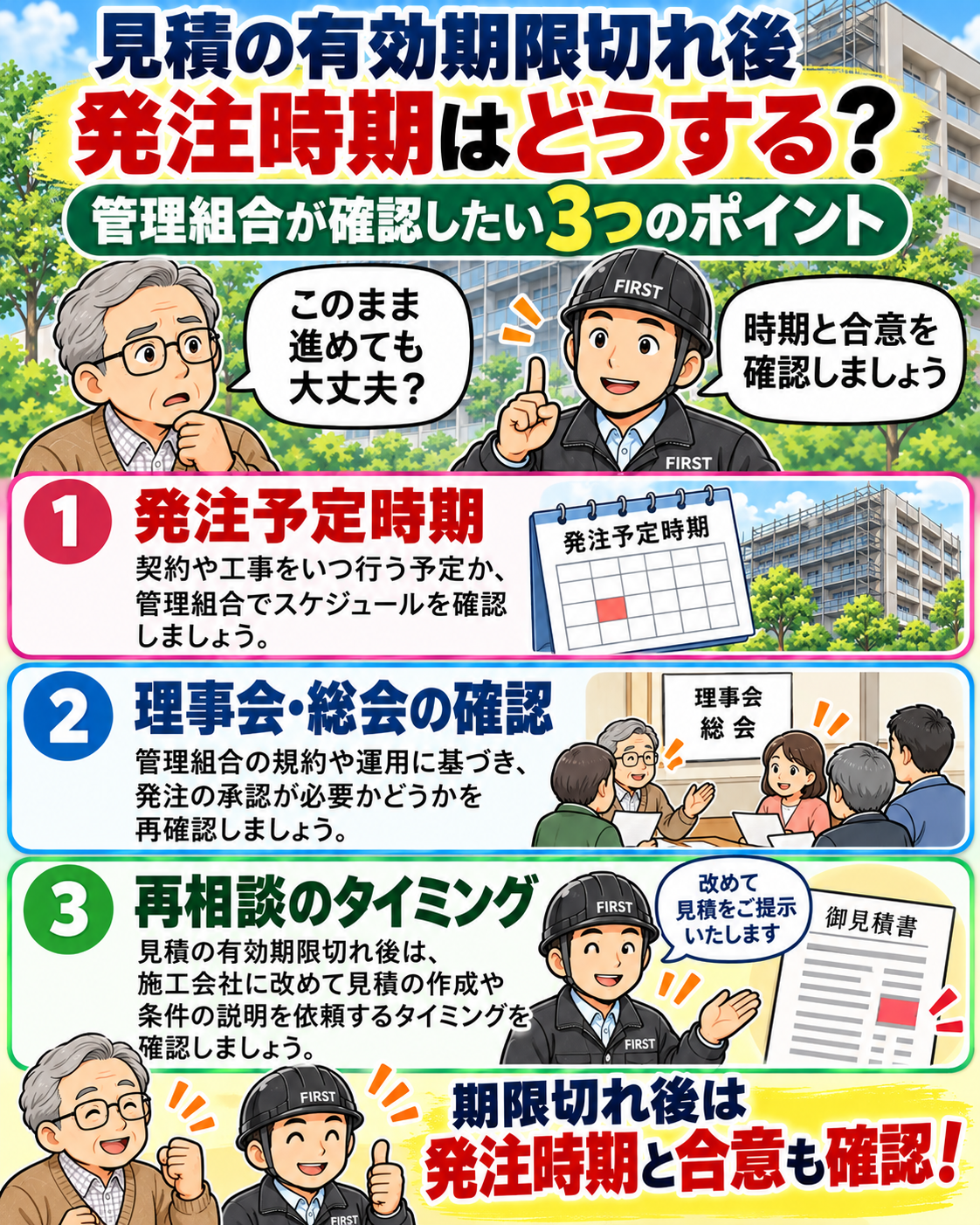 大規模修繕の見積有効期限が切れた後に、発注予定時期、理事会・総会の承認状況、再相談のタイミングを確認する漫画