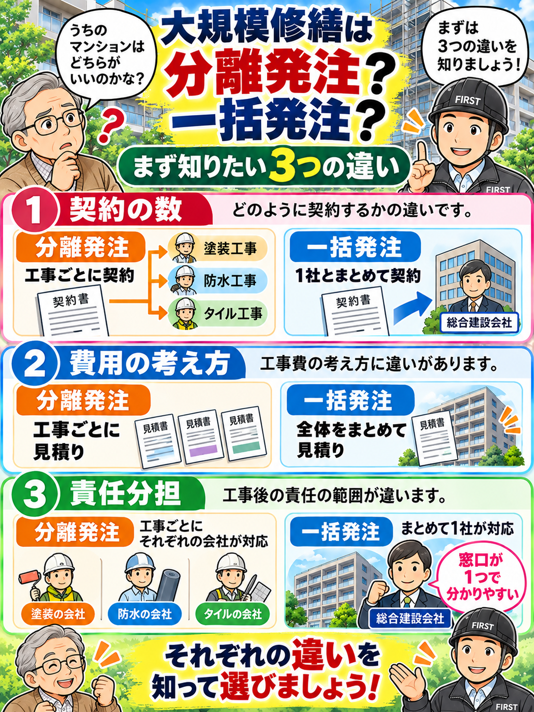 大規模修繕の分離発注と一括発注について、契約する会社の数、工事費用の考え方、工事中と工事後の責任分担の違いを説明する漫画