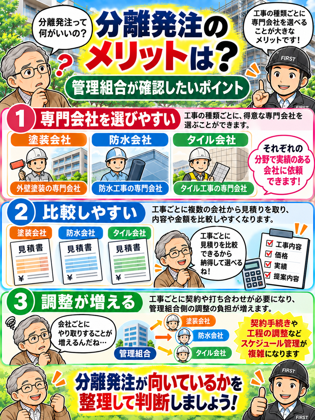大規模修繕の分離発注で専門工事会社を個別に選べるメリットと、複数社の契約や工程調整が必要になる注意点を説明する漫画