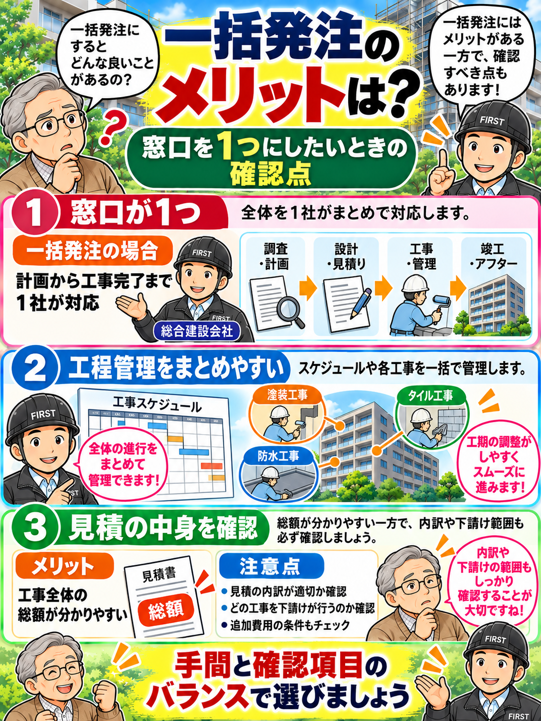 大規模修繕の一括発注で連絡窓口や工程調整をまとめやすい利点と、見積内訳・協力会社・追加費用・契約上の責任範囲を確認する必要性を解説する漫画