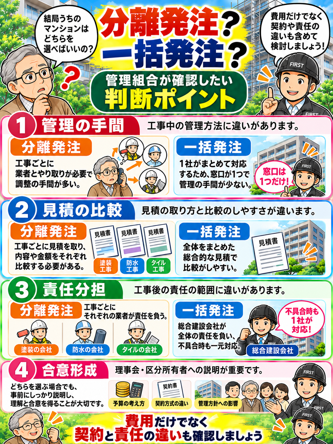 大規模修繕の分離発注と一括発注を選ぶ際、管理の手間、見積の比較、責任分担、管理組合の合意形成を確認する判断ポイントを説明する漫画
