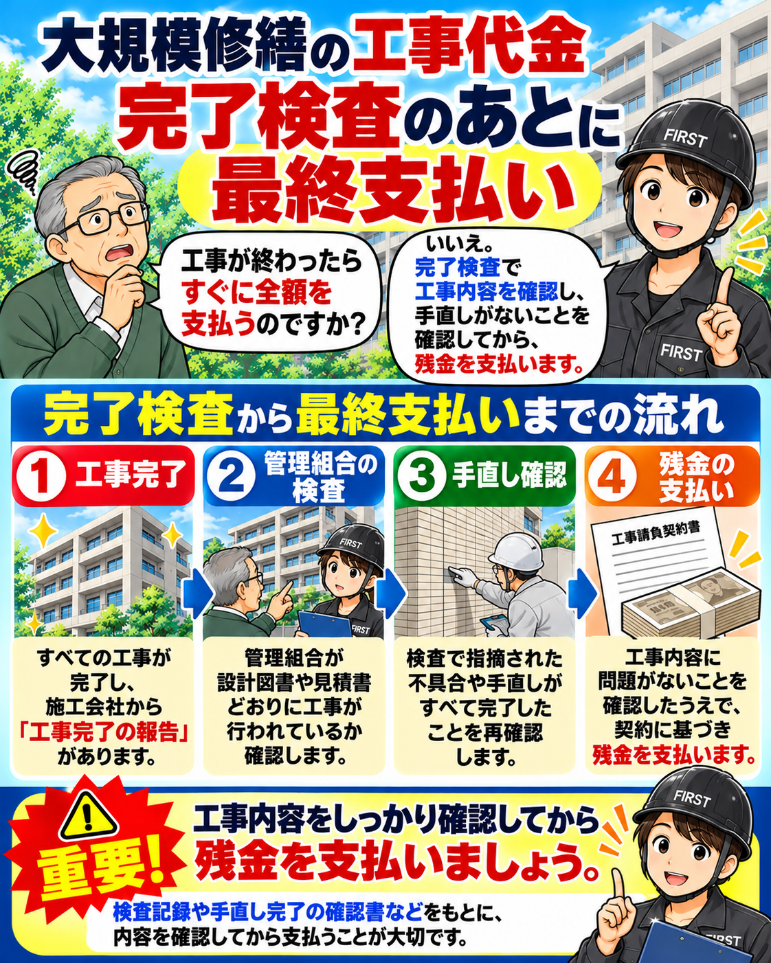 大規模修繕の工事完成後に、完了検査、必要な是正の確認、引渡しを経て、契約条件に基づき残金を支払う流れを解説した漫画
