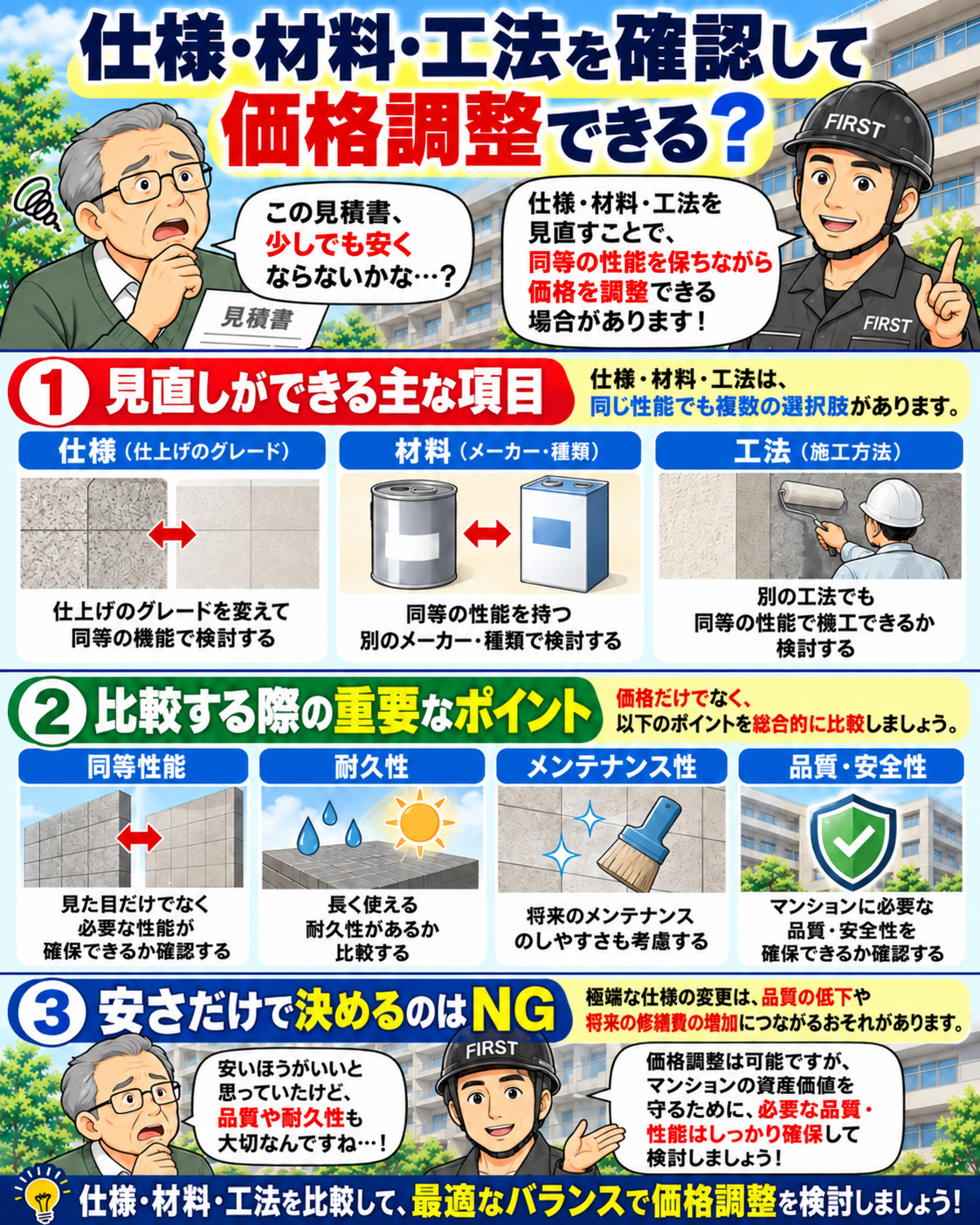 大規模修繕で仕様・材料・工法を変更して価格調整する際、同等性能の確認、耐久性、メンテナンス性、品質と安全性を比較する漫画