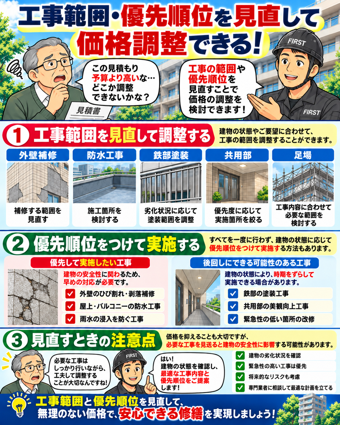 大規模修繕の価格調整に向けて、外壁・防水・鉄部・共用部などの工事範囲と必要性を整理し、安全に関わる工事を優先する考え方を説明する漫画