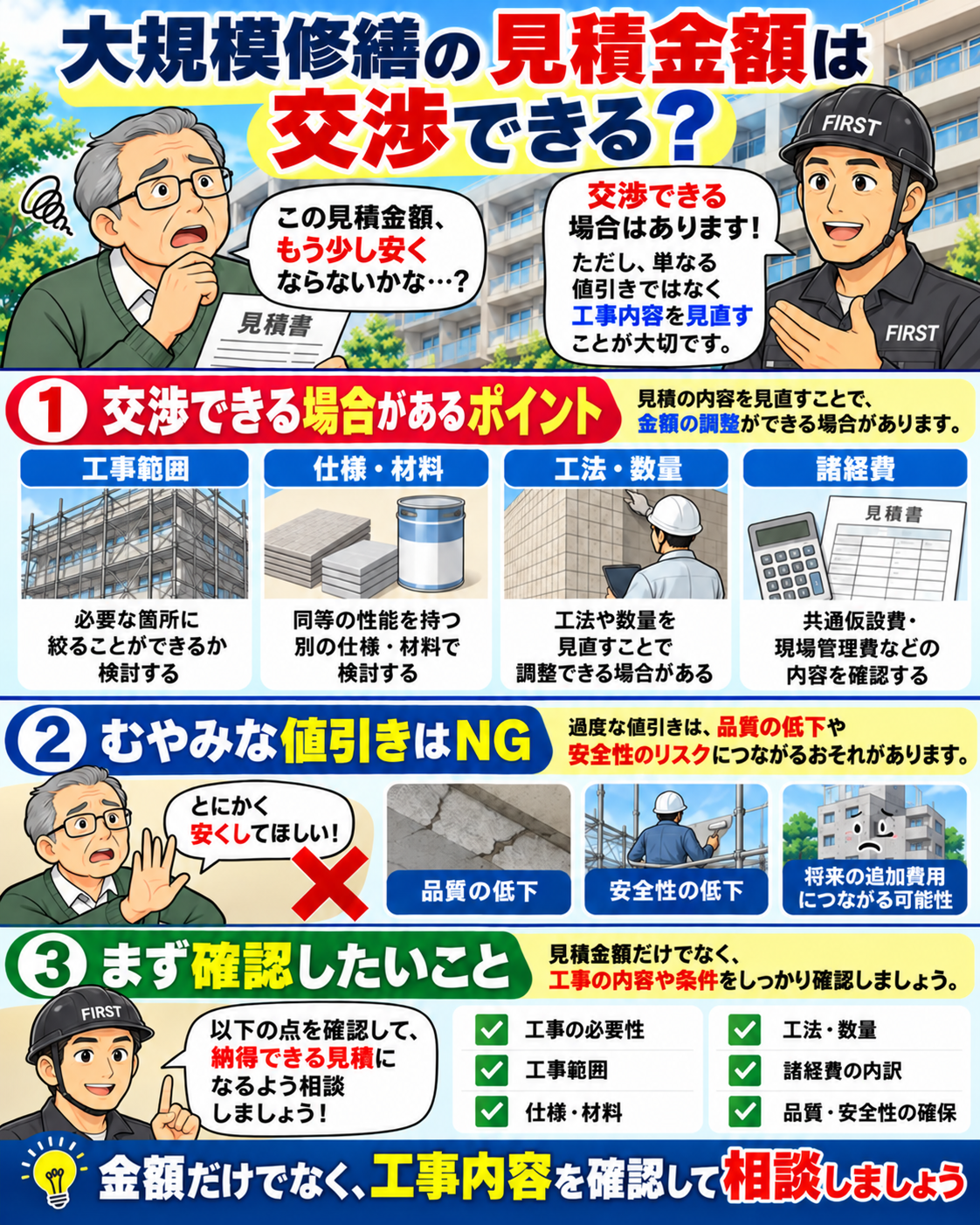 大規模修繕の見積金額は交渉できるかについて、工事範囲、仕様・材料、数量、諸経費を確認し、無理な値引きによる品質低下を防ぐ考え方を説明する漫画