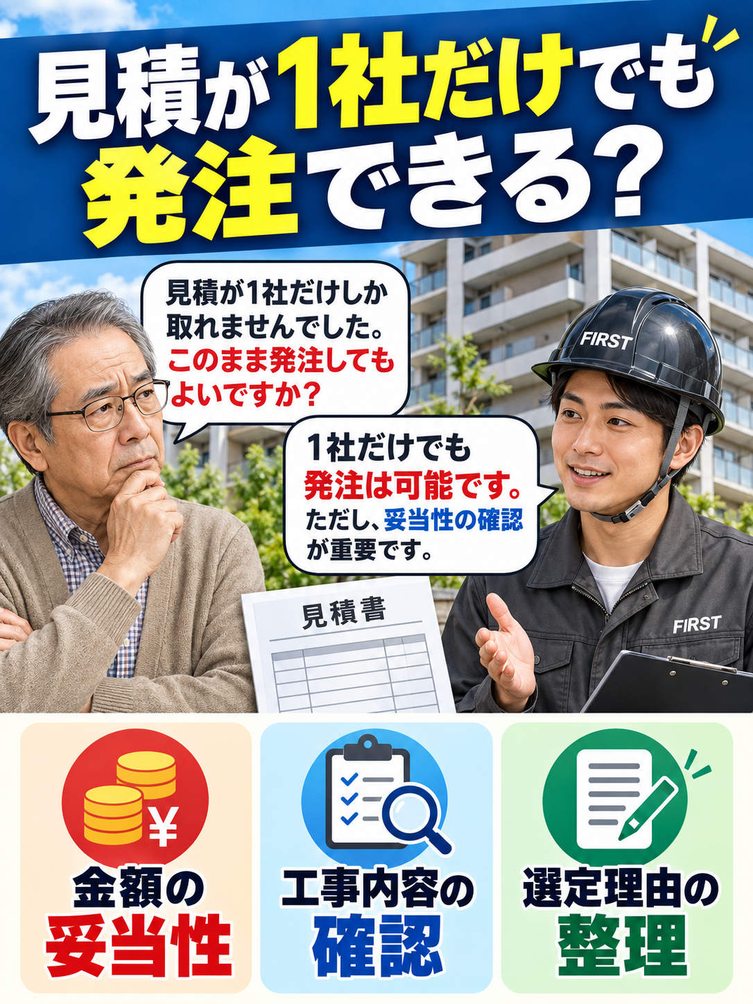 大規模修繕の見積が1社だけの場合に、発注の可否、金額の妥当性、工事内容、施工会社の選定理由を確認するポイントを示した漫画