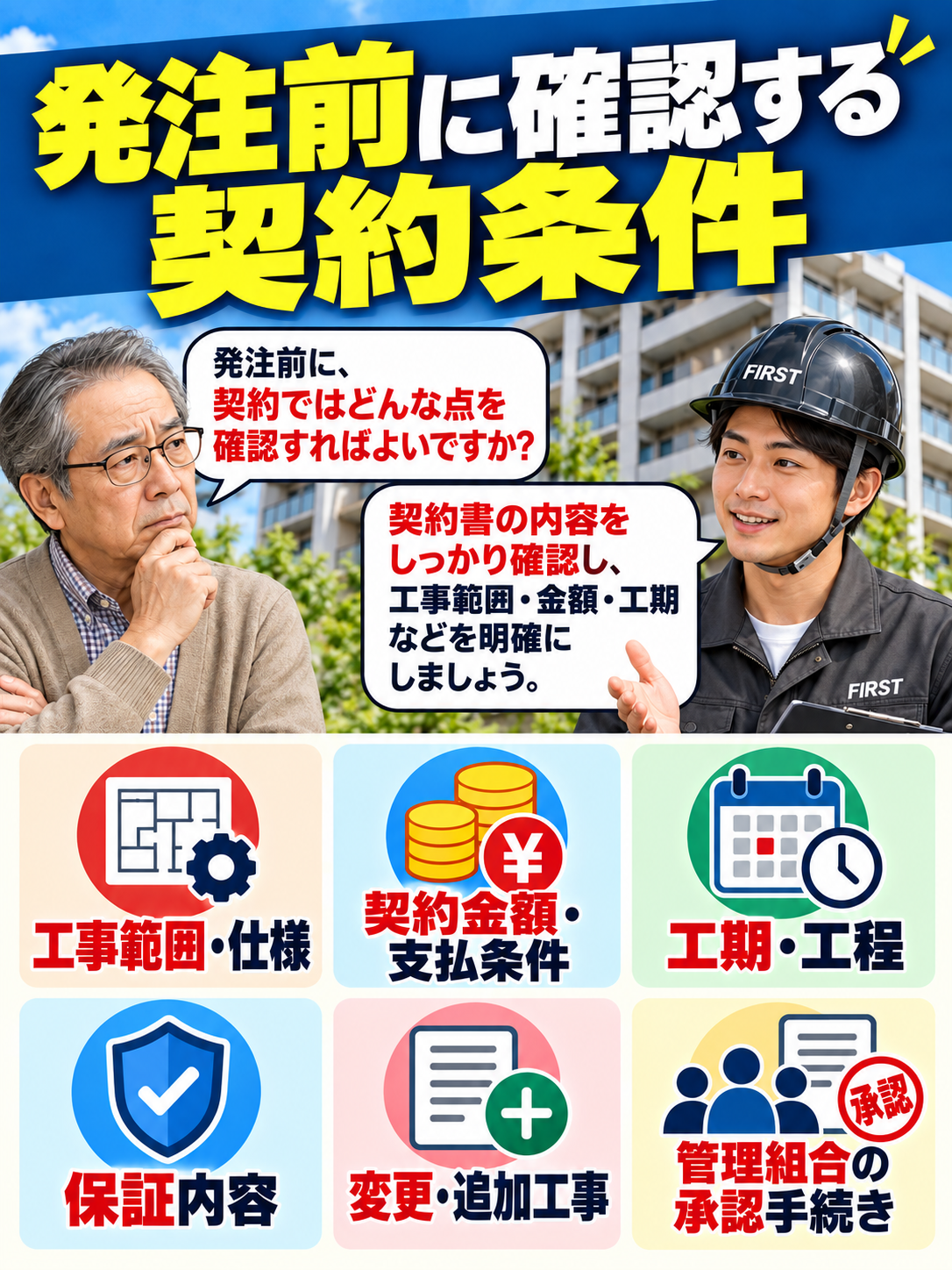 大規模修繕の1社見積による発注前に、工事範囲と仕様、契約金額と支払条件、工期、保証内容、追加工事、管理組合の承認手続きを確認する漫画