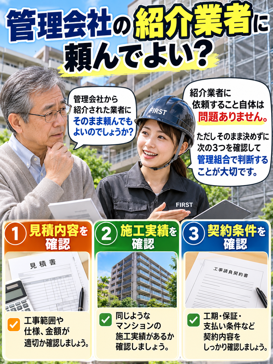 大規模修繕で管理会社の紹介業者に依頼する際に確認したい見積内容・施工実績・契約条件