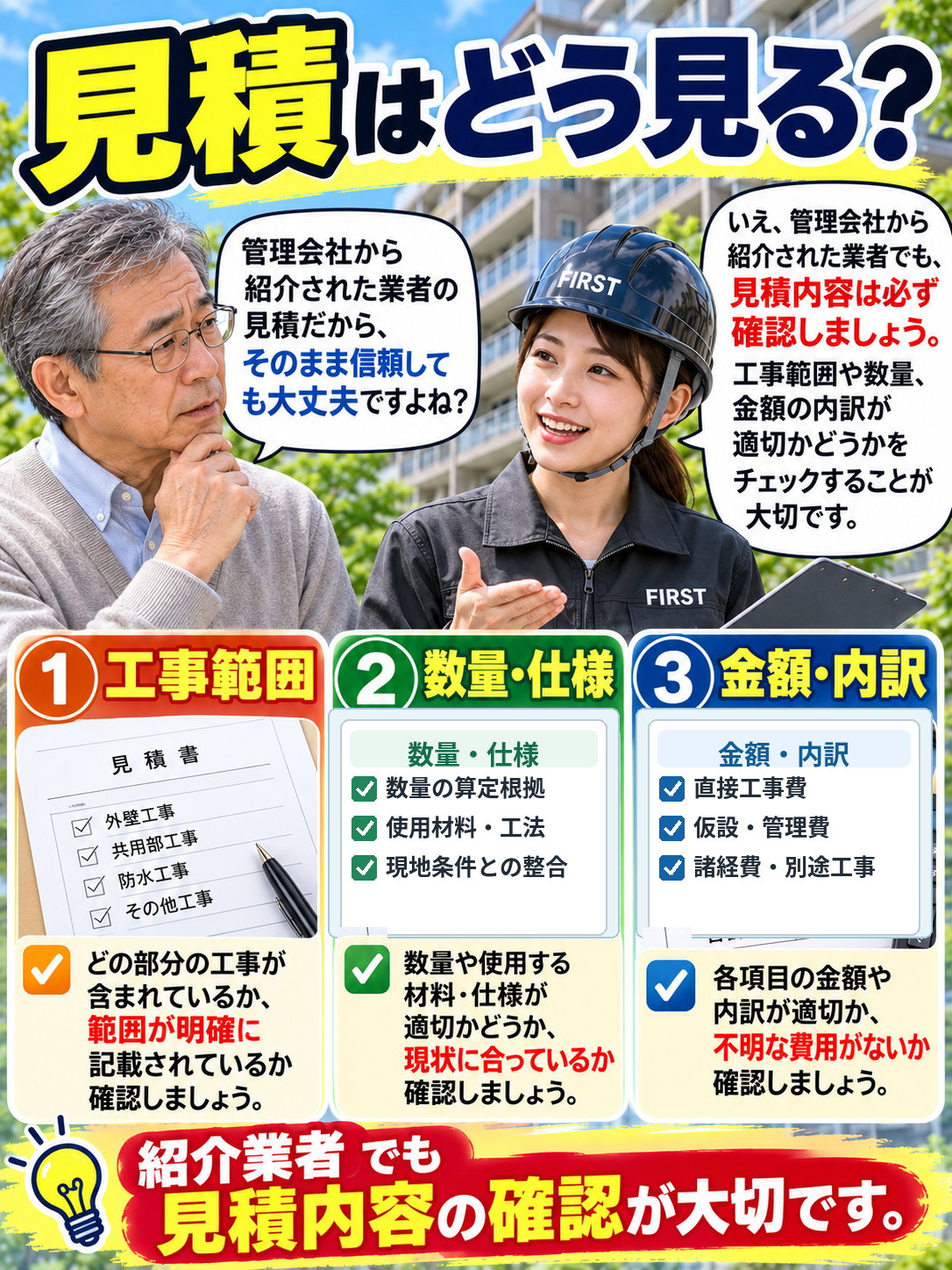 管理会社の紹介業者から受け取った大規模修繕見積の工事範囲・数量・仕様・金額内訳を確認するポイント