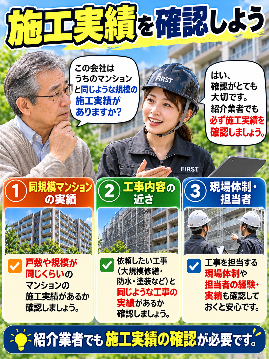 大規模修繕の紹介業者について同規模マンションの施工実績・工事内容・現場担当者を確認する方法